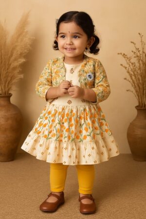 Golden Blossom Layered Frock with Jacket