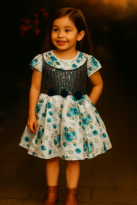 Girls Kids Wear - Blue Floral Sequin Party Wear Frock for Girls