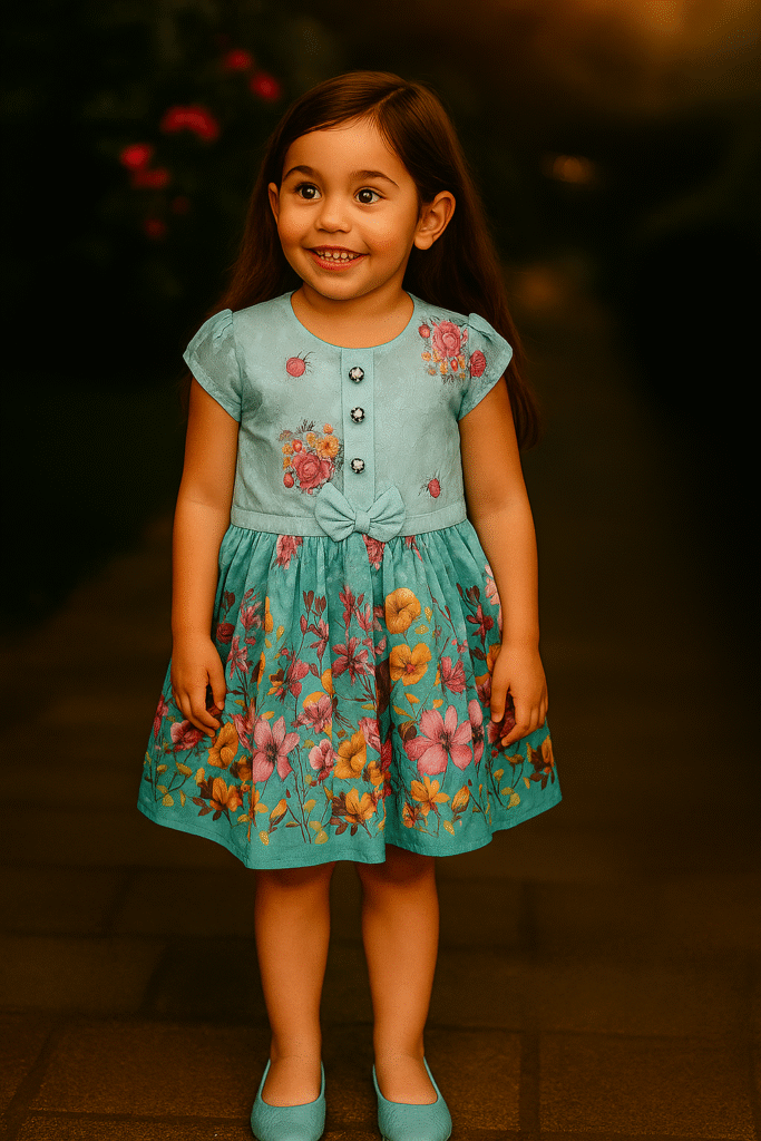 Girls Kids Wear - Elegant Aqua Floral Cotton Frock for Girls