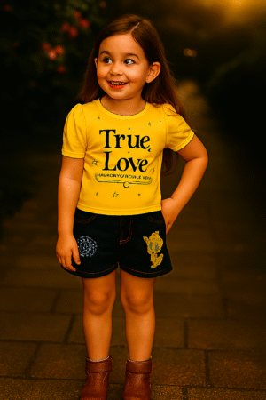 Girls Kids Wear - Stylish “Google True Love” Top & Denim Shorts Set for Girls