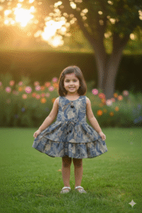 Girls Kids Wear - Elegant Floral Layered Denim-Style Party Frock for Girls